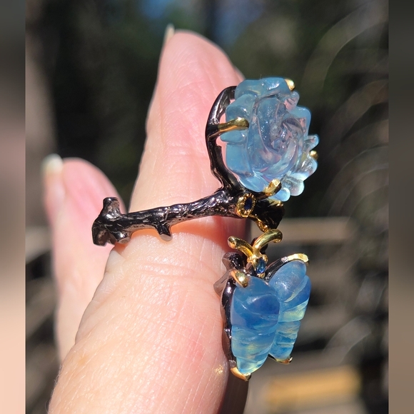Aquamarine Butterfly & Flower Sterling Rhodium & Gold Ring Sz9 Adjustable - Picture 11 of 13
